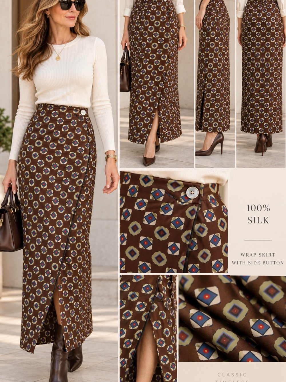 Amanda Smith Brown Geometric Silk Wrap Maxi Skirt